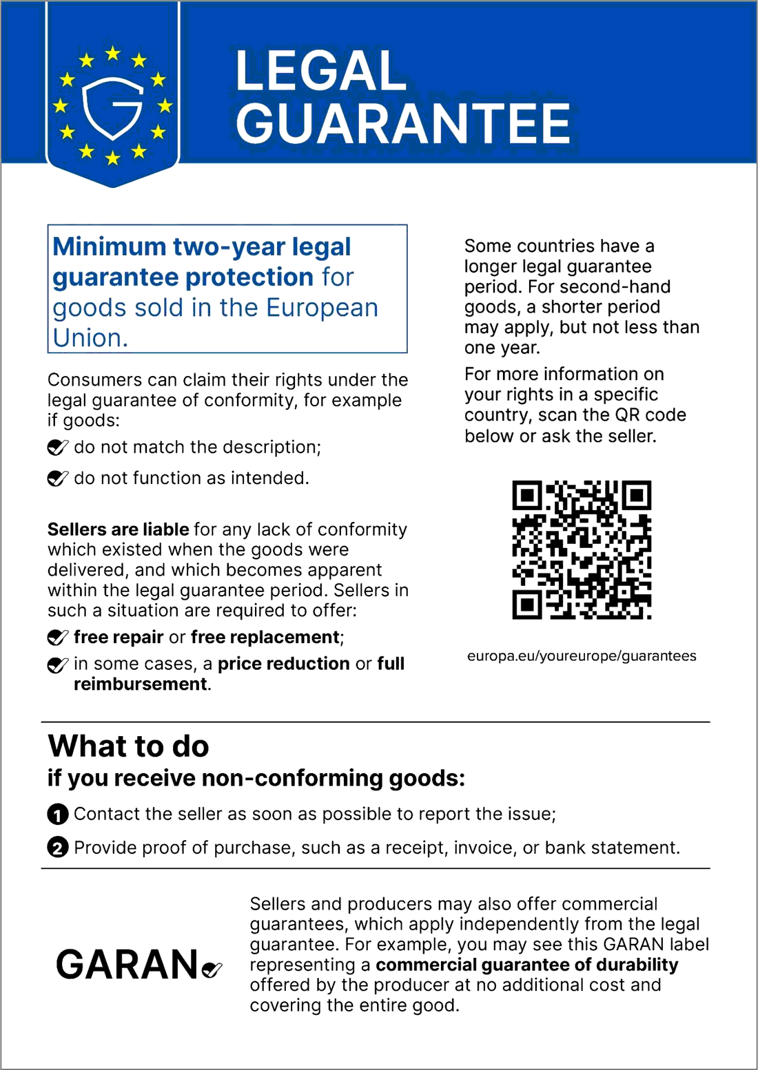 Legal guarantee of conformity — at least two years (EU)