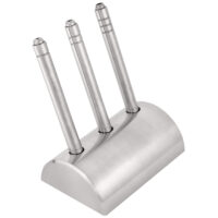Kugelhalter-Set aus Edelstahl für Piercing Dreiteiliges Kugelhalter-Set aus glänzendem Edelstahl auf weißem Hintergrund