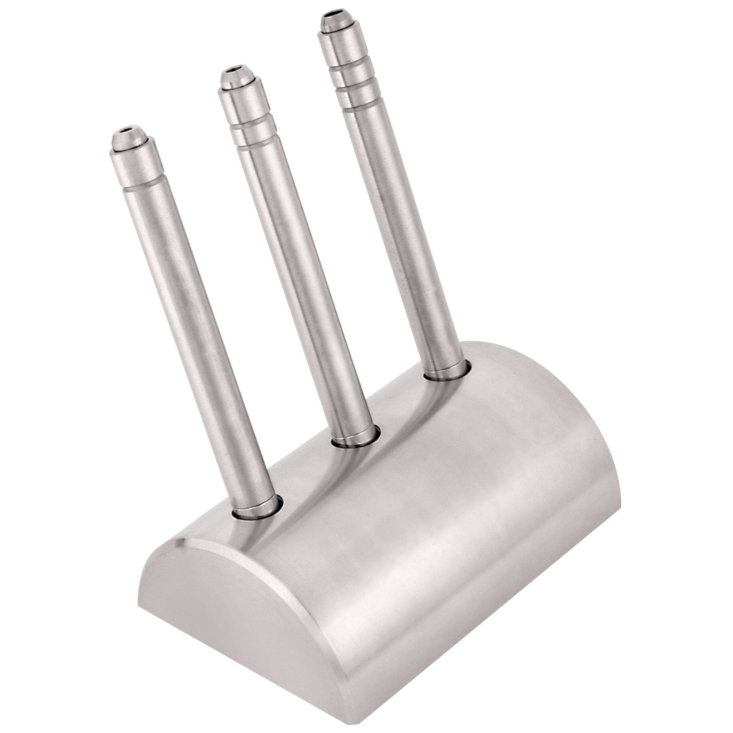 Kugelhalter-Set aus Edelstahl für Piercing Dreiteiliges Kugelhalter-Set aus glänzendem Edelstahl auf weißem Hintergrund