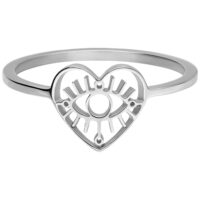Silberner Eye Ring, Ringgröße 17,0 mm Silberner Ring in Herzform mit Auge-Motiv auf weißem Hintergrund