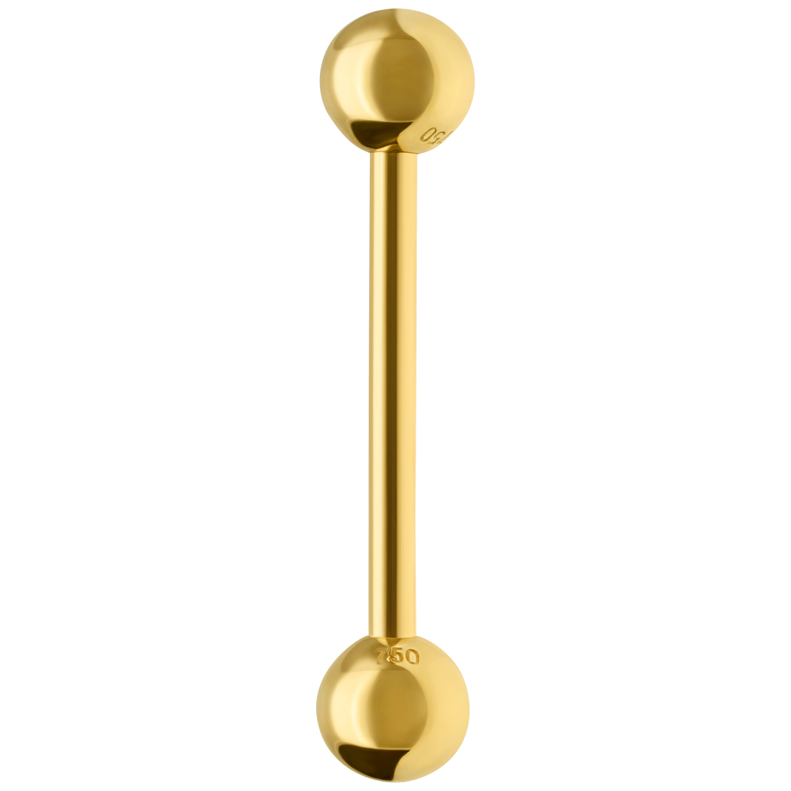 18K Gold Barbell - 14,0 mm Länge Glänzender 18K Gold Barbell, Länge 14,0 mm, auf weißem Hintergrund