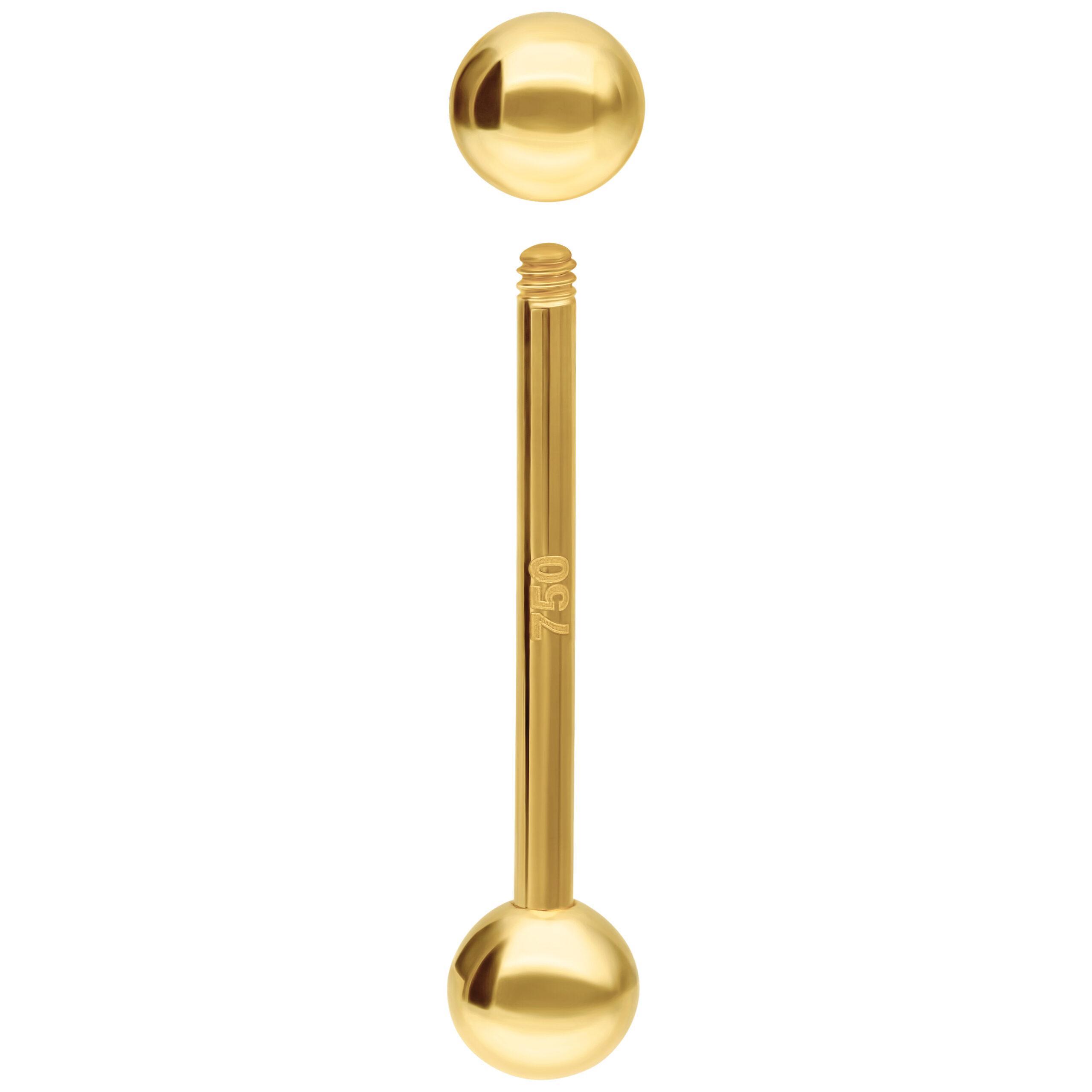 18K Gold Barbell - 14,0 mm Länge Goldene 18K Barbell mit 14,0 mm Länge und Außengewinde auf weißem Hintergrund