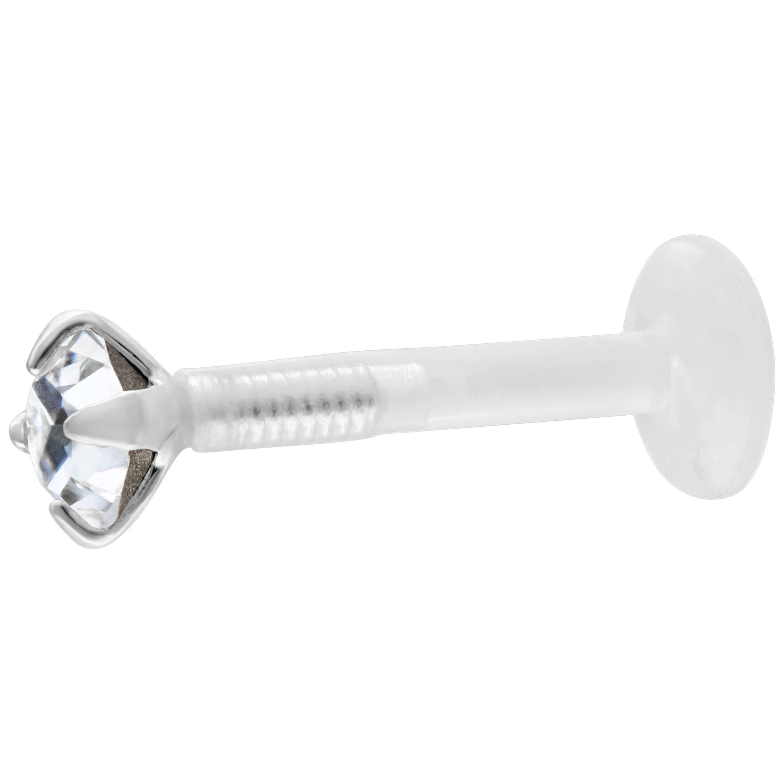 Edler Micro Labret mit Kristall Silberner Micro Labret mit kristallklarem Stein auf weißem Hintergrund