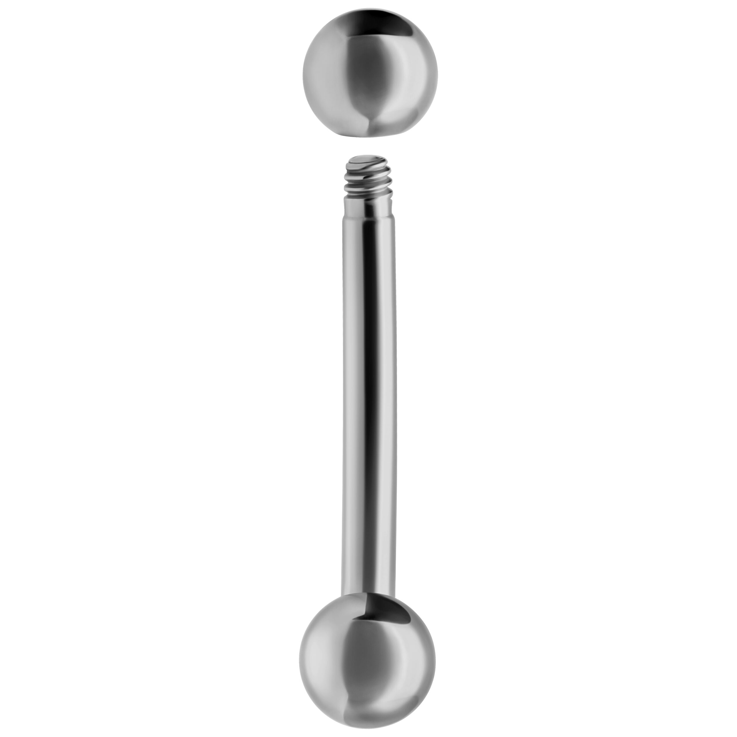 Silbernes Titan Micro Bananabell Piercing Silbernes Micro Bananabell aus Titan mit zwei Kugeln auf weißem Hintergrund