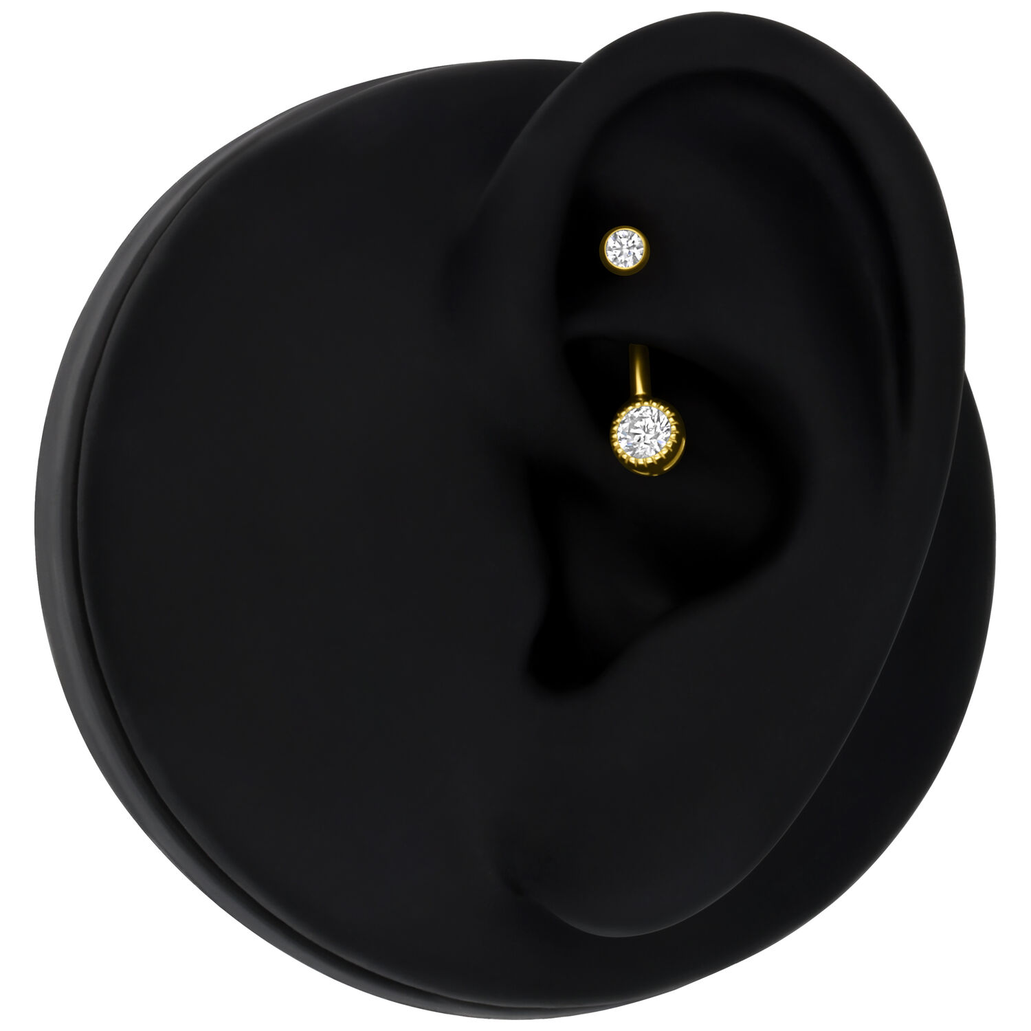 18K Gold Microbananabell mit Kristall Goldenes Piercing mit klarem Kristall an schwarzem Ohrmodell