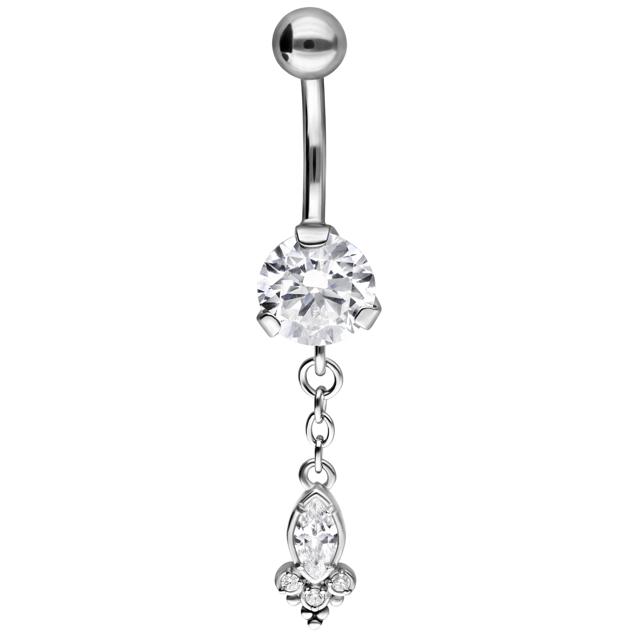 Silbernes Bauchnabelpiercing mit Kristallen Silbernes Bananabell-Piercing mit klaren Kristallen auf weißem Hintergrund