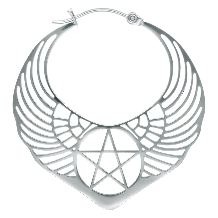 Silberner Winged Pentagram Ohrring Silberner Ohrring mit geflügeltem Pentagramm-Design auf weißem Hintergrund