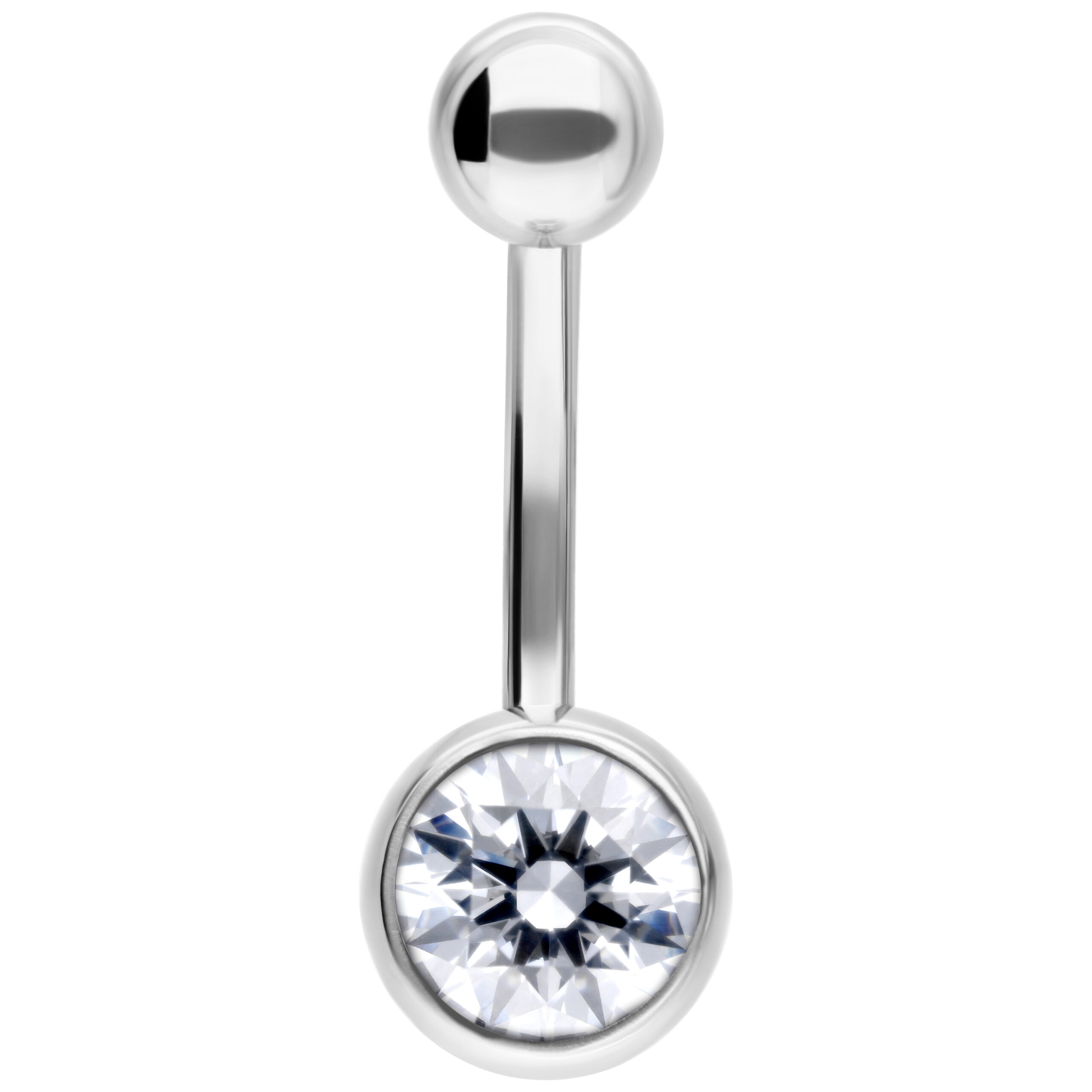 Bananabell Silber mit klarem Kristall 12 mm Silbernes Bananabell mit kristallklarem Stein, 12 mm Länge auf weißem Hintergrund