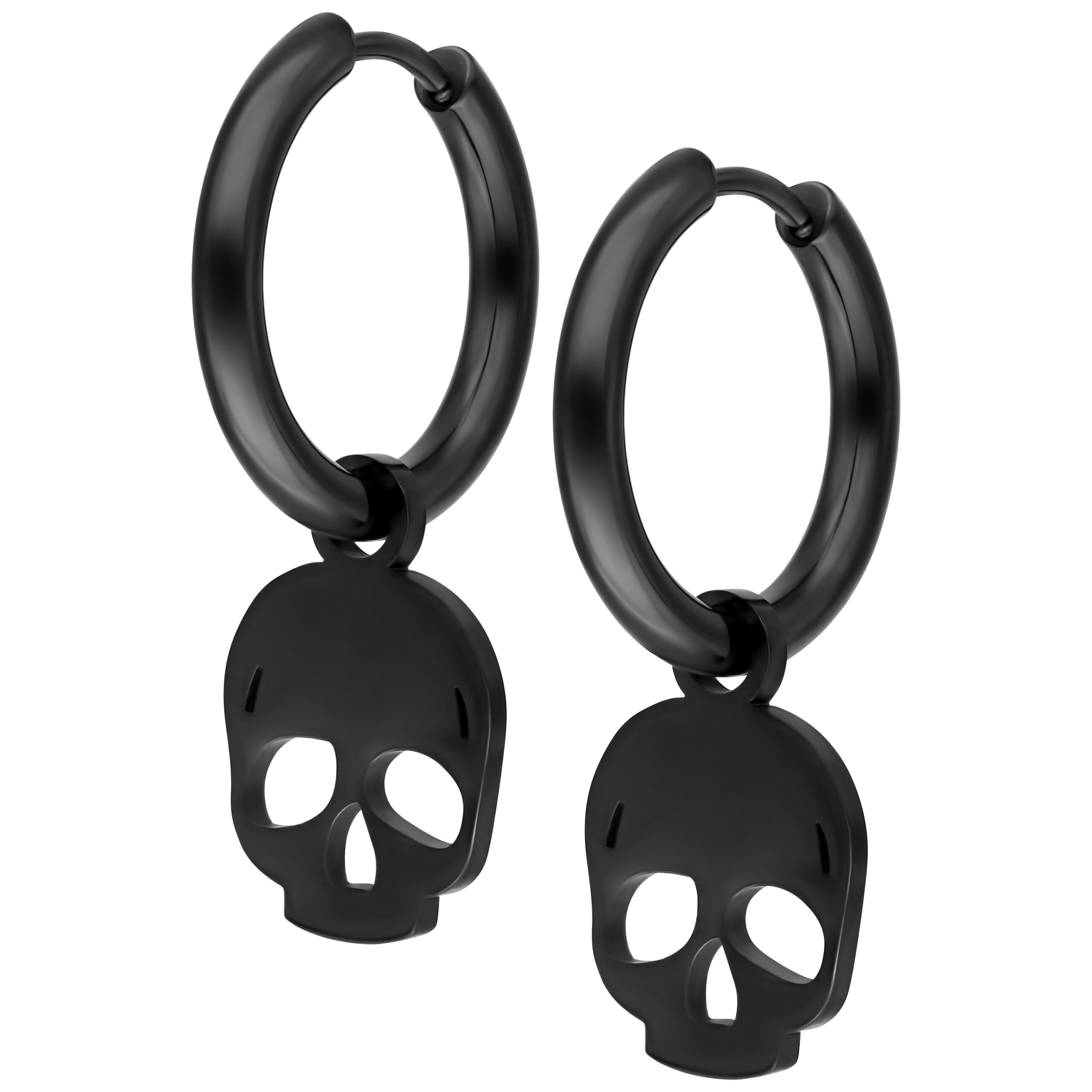 Schwarze Totenkopf-Ohrringe aus Chirurgenstahl Zwei schwarze Ohrringe mit Totenkopf-Anhängern auf weißem Hintergrund