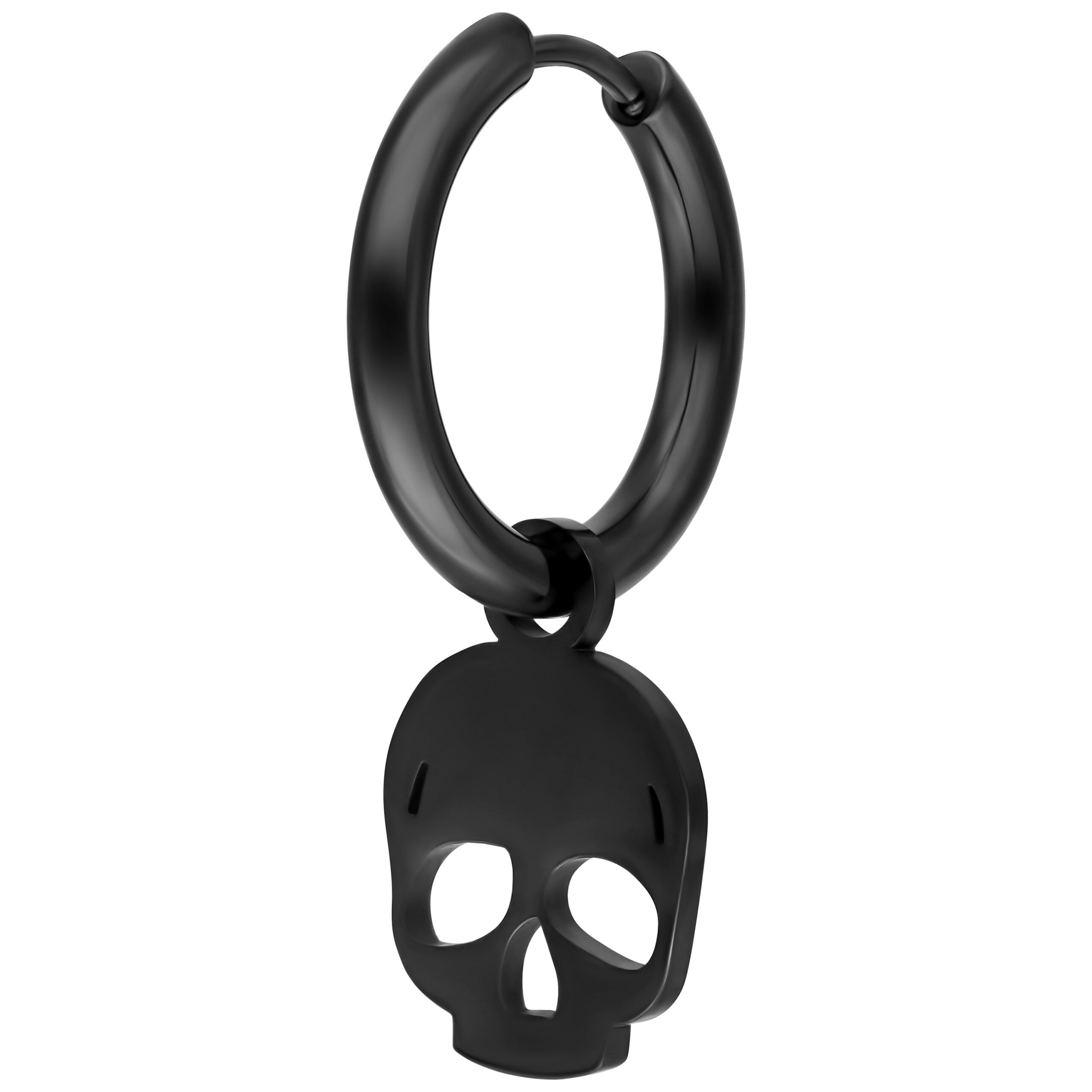 Schwarze Totenkopf-Ohrringe aus Chirurgenstahl Schwarze Ohrringe mit Totenkopf-Anhänger auf weißem Hintergrund