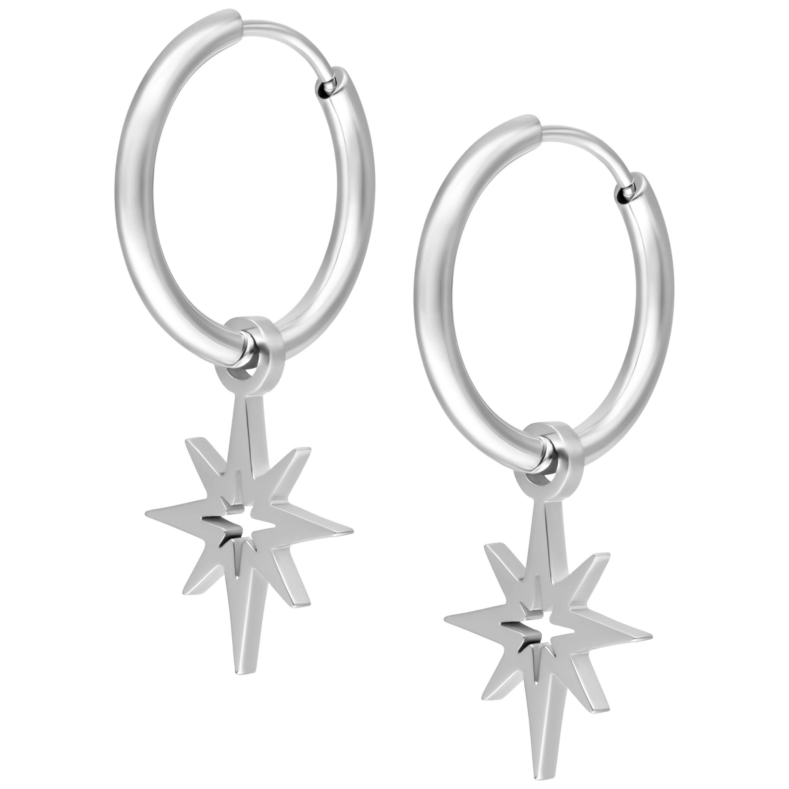 Silberne Little Polar Star Hoops Ohrringe Zwei silberne Creolen mit polarsternförmigem Anhänger auf weißem Hintergrund