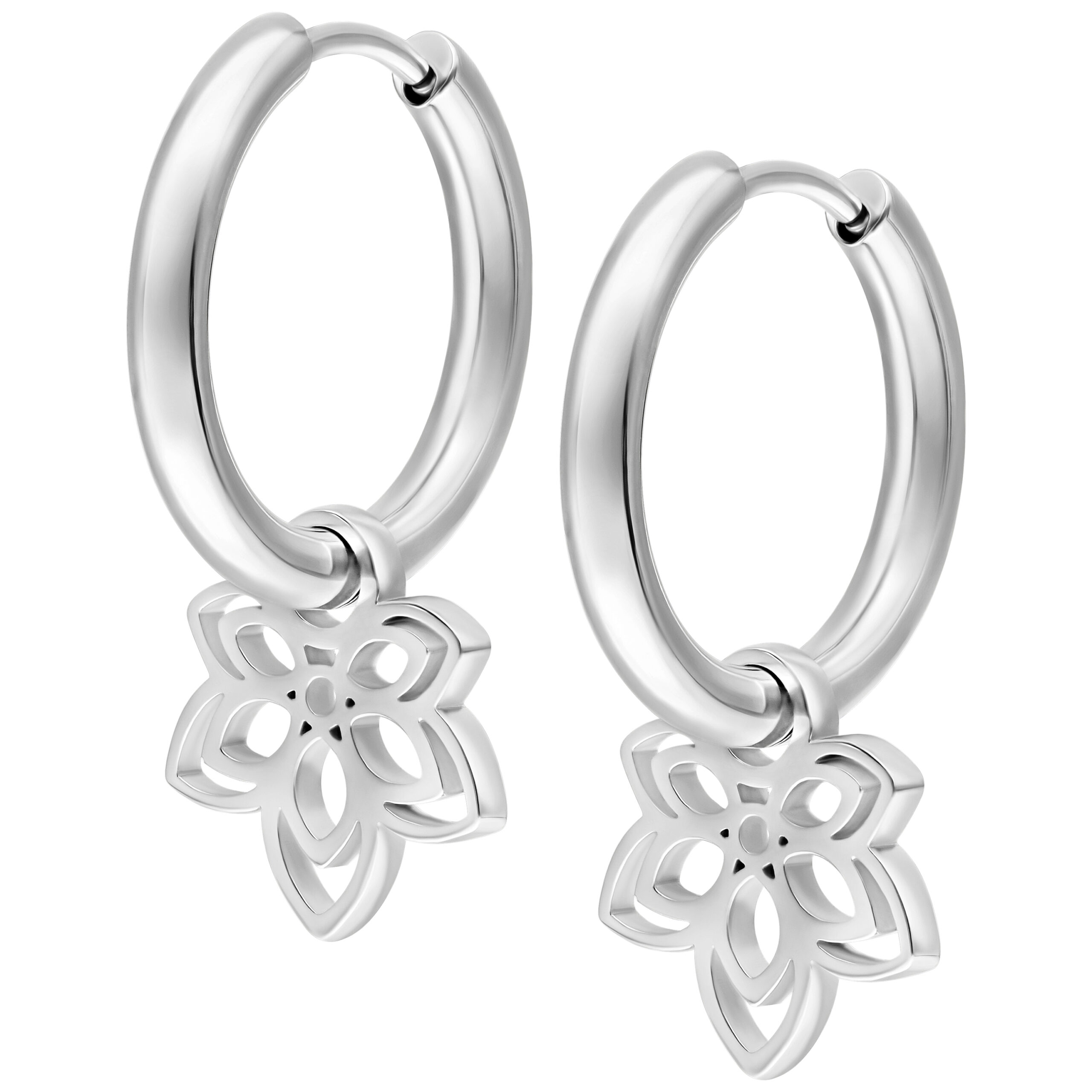 Elegante Little Flower Hoops in Silber Silberne Creolen mit Blumenanhänger auf weißem Hintergrund