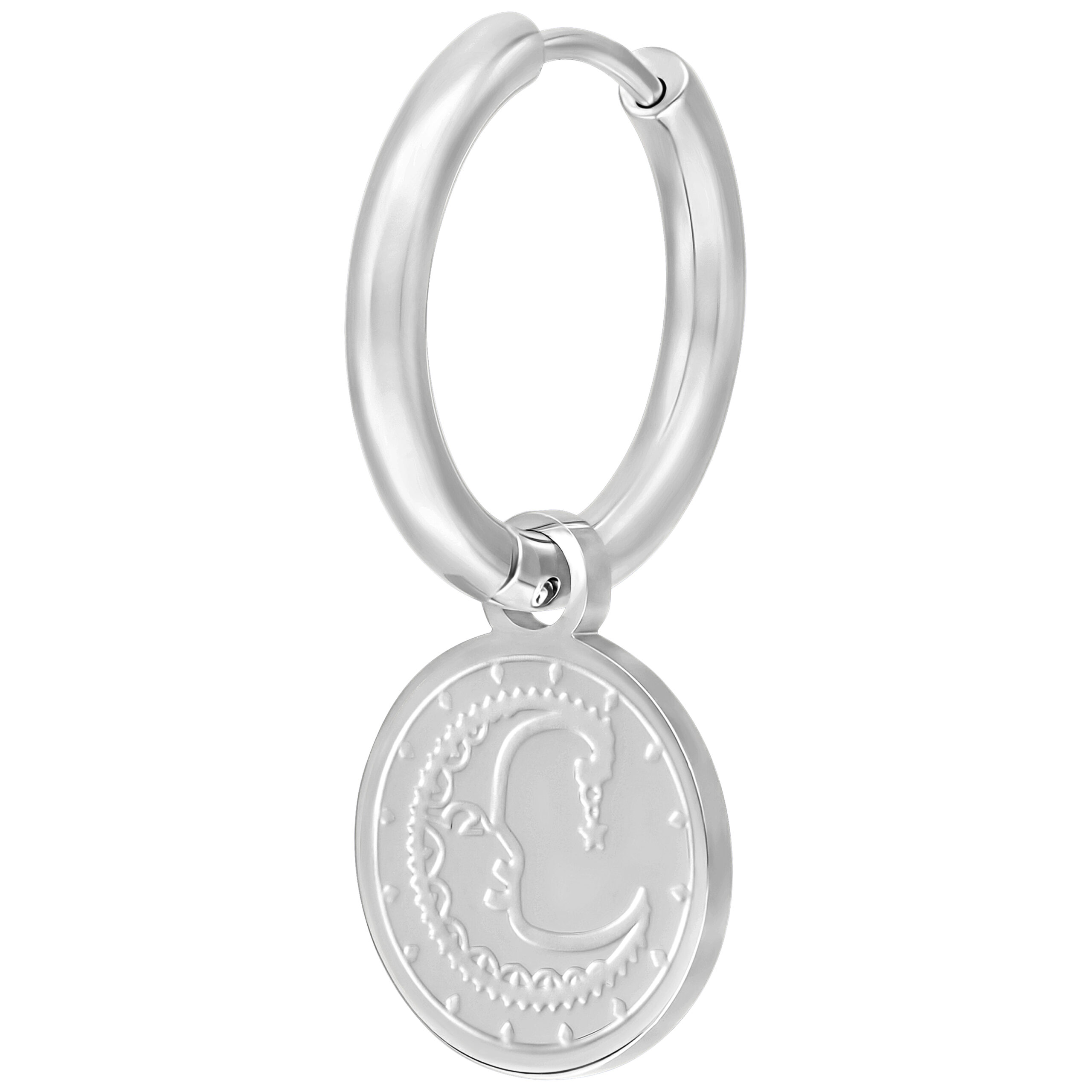 Silberne Little Sun Moon Hoops Ohrringe Silberne Ohrringe mit Mondmotiv auf weißem Hintergrund
