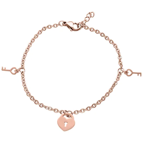 Roségoldenes Armband mit Schlüsseln und Herzanhänger auf weißem Hintergrund