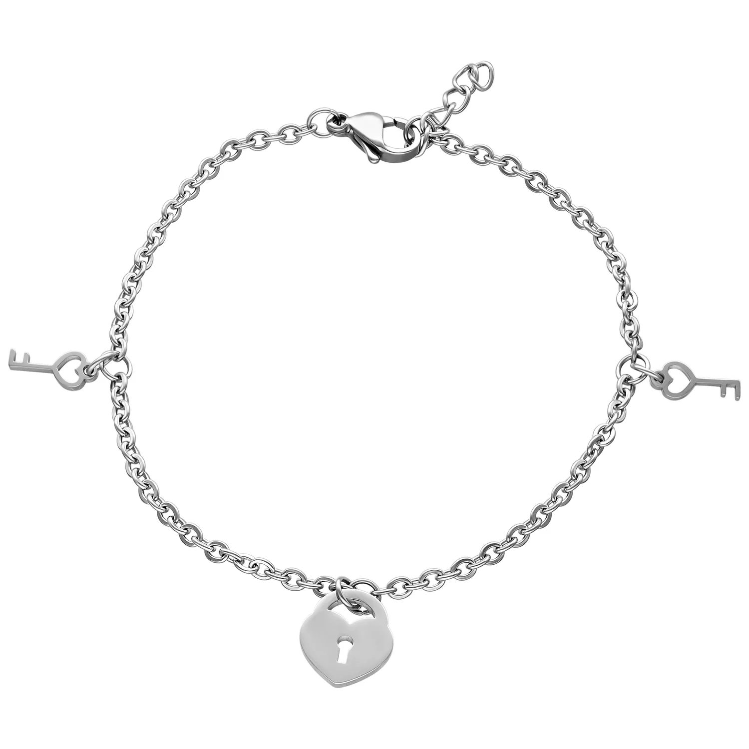 Silbernes Armband mit Schlüssel und Schloss Silbernes Armband mit kleinen Schlüsseln und Herzschloss auf weißem Hintergrund