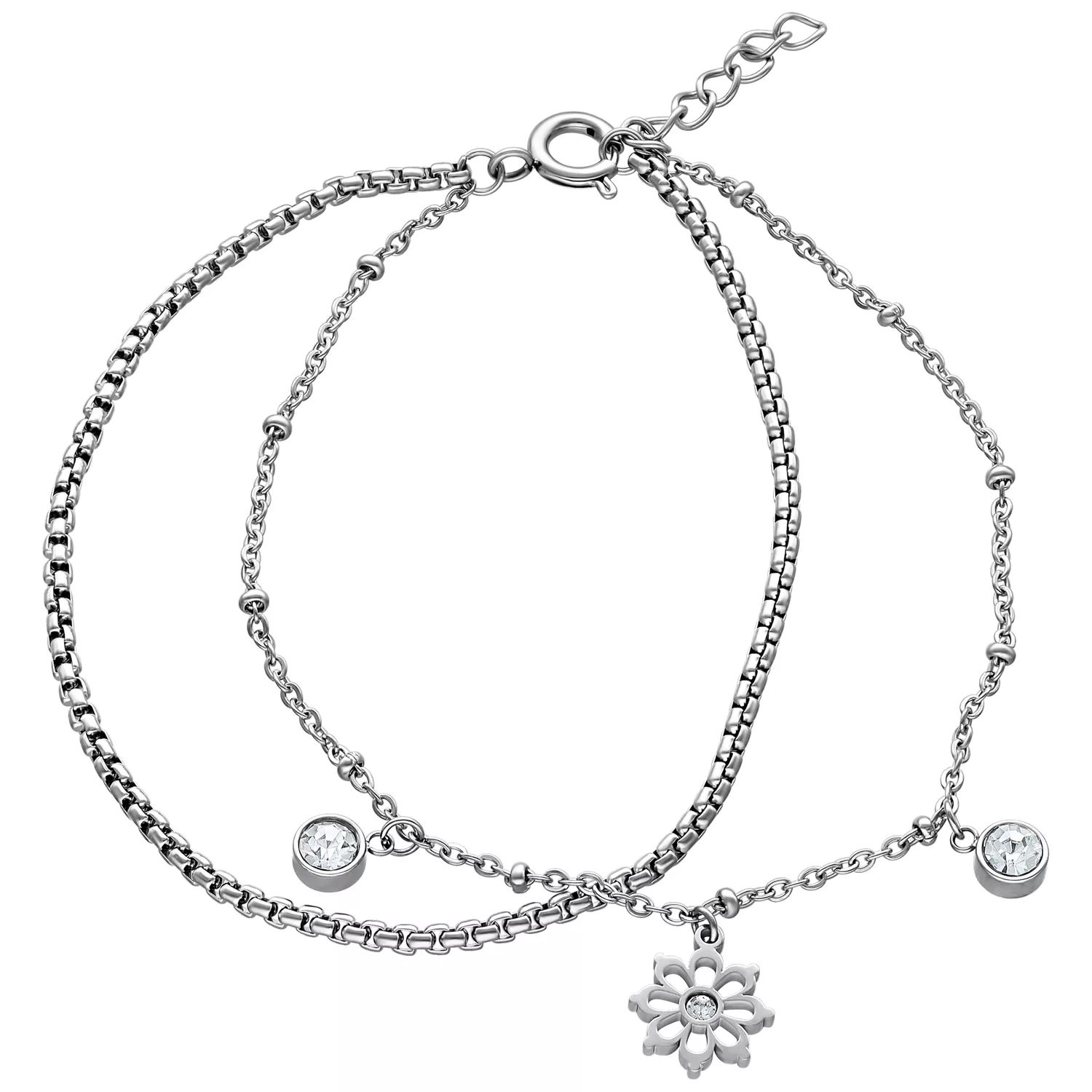 Elegantes Little Floralis Armband in Silber Filigranes Armband in Silber mit Blumenanhänger und Kristallen auf weißem Hintergrund
