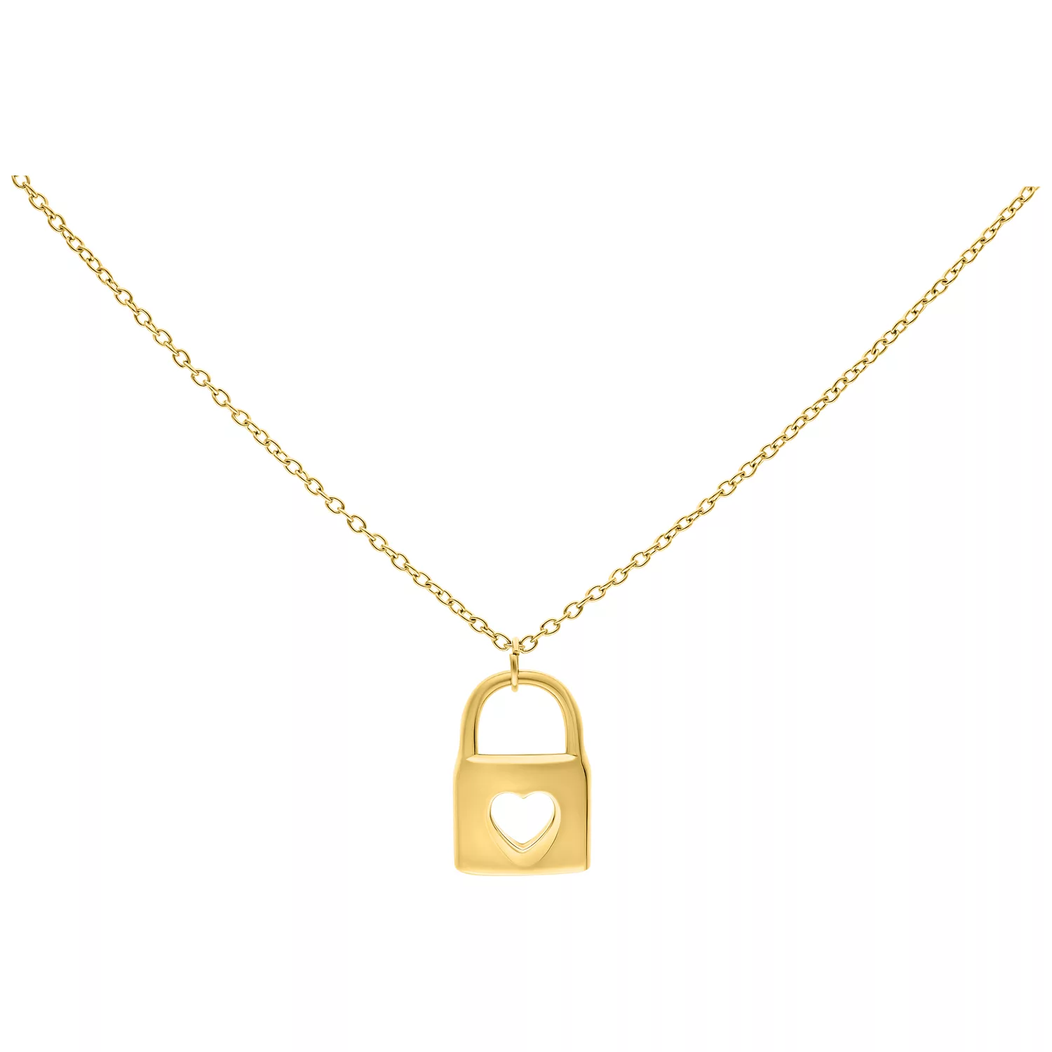 Goldene Halskette aus Chirurgenstahl mit Schloss und Herzdesign auf weißem Hintergrund