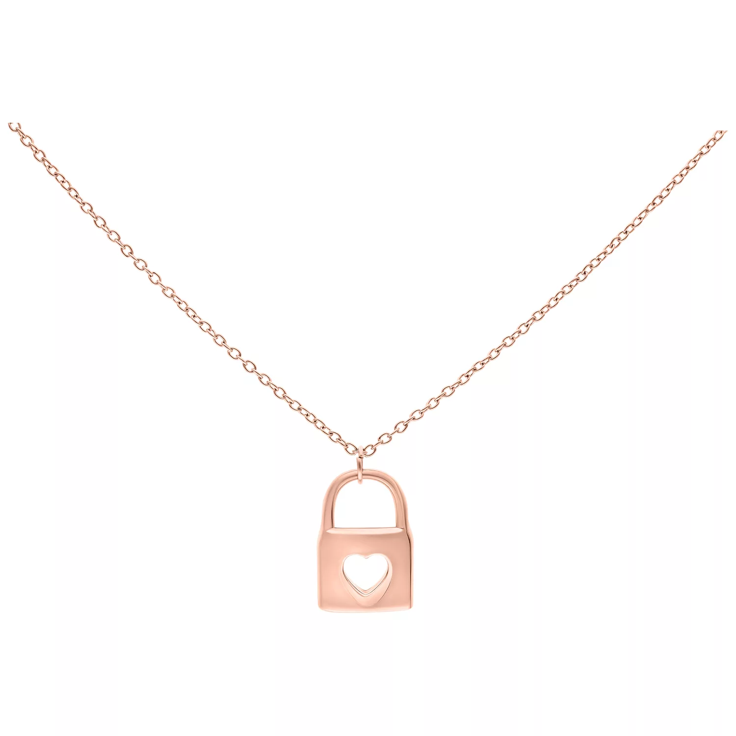 Roségoldene Kette mit herzförmigem Schlossanhänger auf weißem Hintergrund