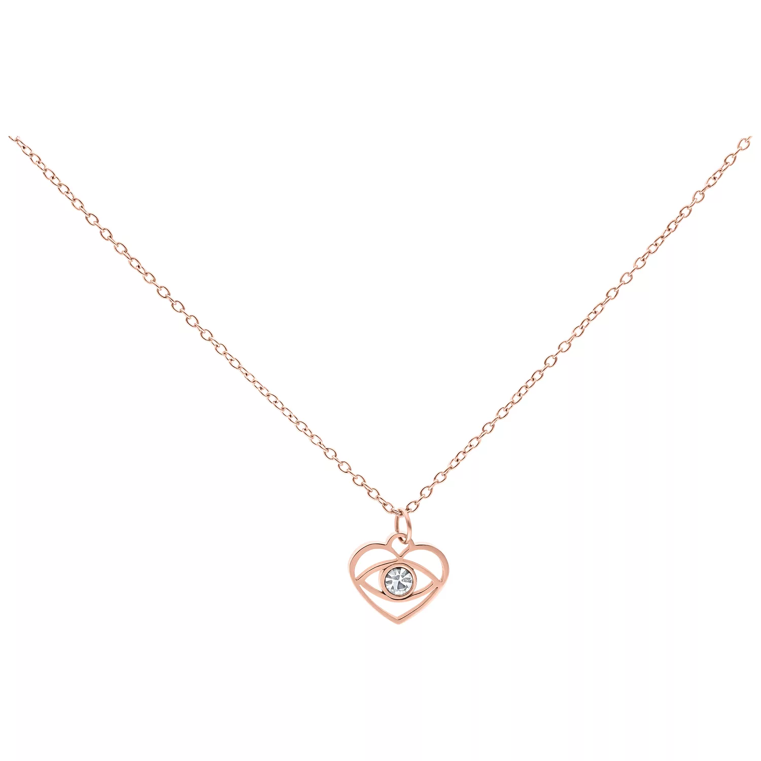 Roségoldene Kette mit kleinem Auge-Anhänger und klarem Kristall auf weißem Hintergrund