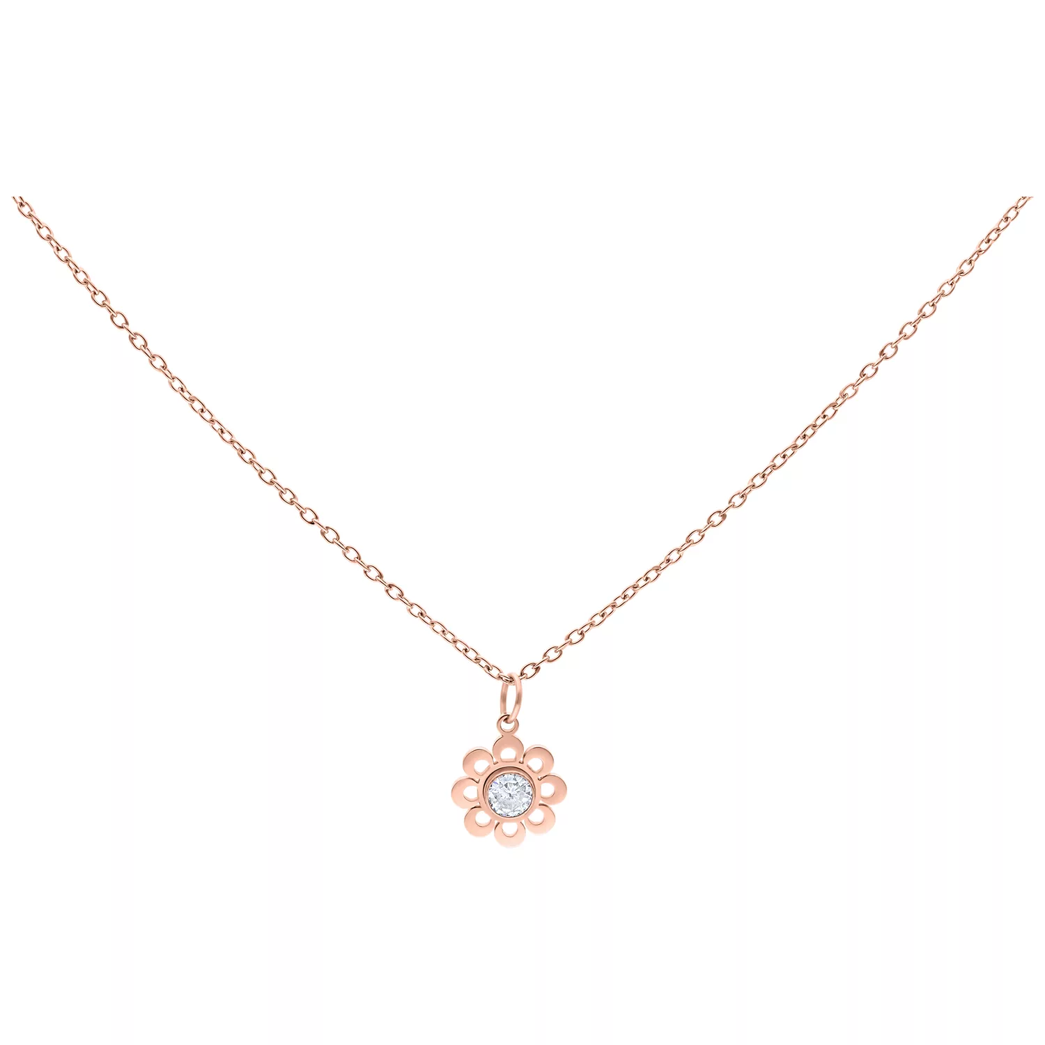 Roségoldene Crystal Flower Kette von Wildcat Roségoldene Kette mit Blütenanhänger und klarem Kristall auf weißem Hintergrund