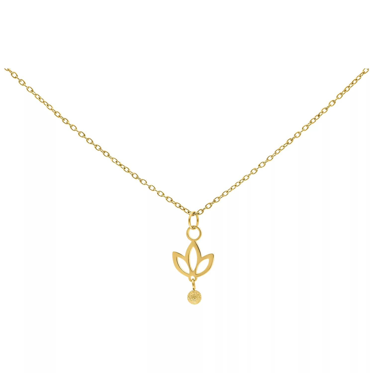 Dangling Lily Kette in Gold aus Chirurgenstahl Goldene Kette mit hängendem Lilienanhänger auf weißem Hintergrund