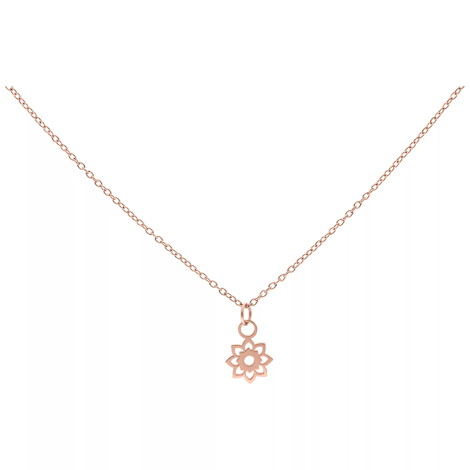 Roségoldene Little Sunflower Kette 50 cm Roségoldene Halskette mit Sonnenblumenanhänger auf weißem Hintergrund