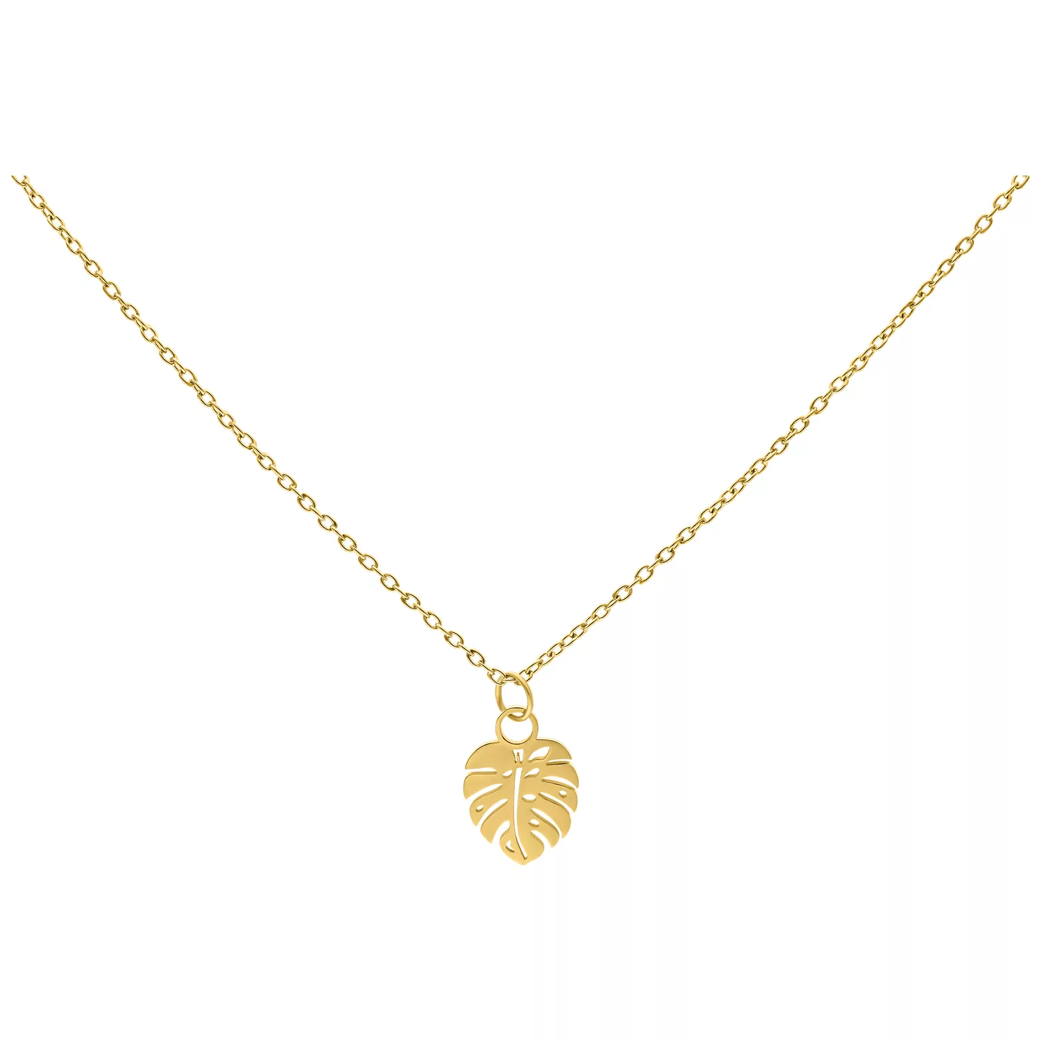 Goldene Monstera Leaf Kette 50 cm Goldene Monstera Leaf Kette aus Chirurgenstahl auf weißem Hintergrund