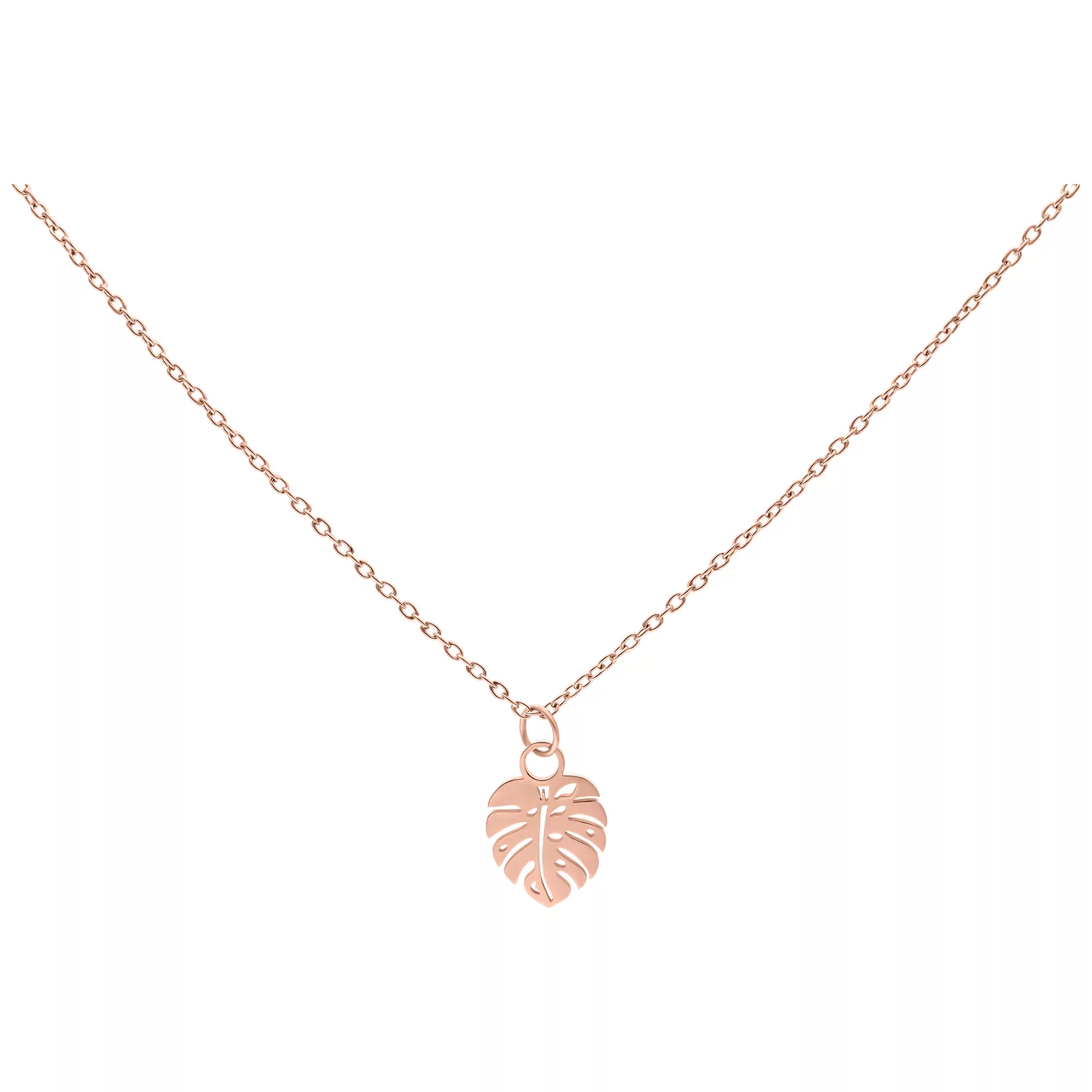 Monstera Blatt Kette Roségold 50 cm Kette mit Monstera Blatt Anhänger in Roségold auf weißem Hintergrund