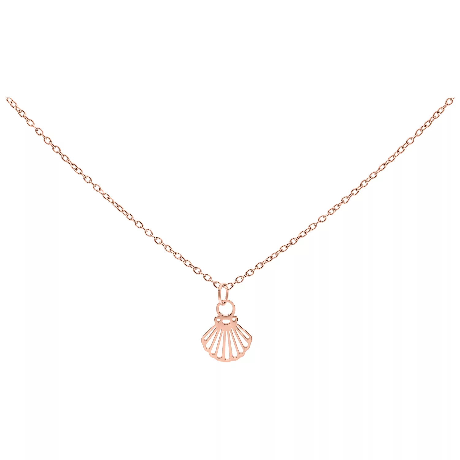 Little Shell Kette in Roségold, 50 cm Kette aus Chirurgenstahl mit Muschel-Anhänger in Roségold auf weißem Hintergrund