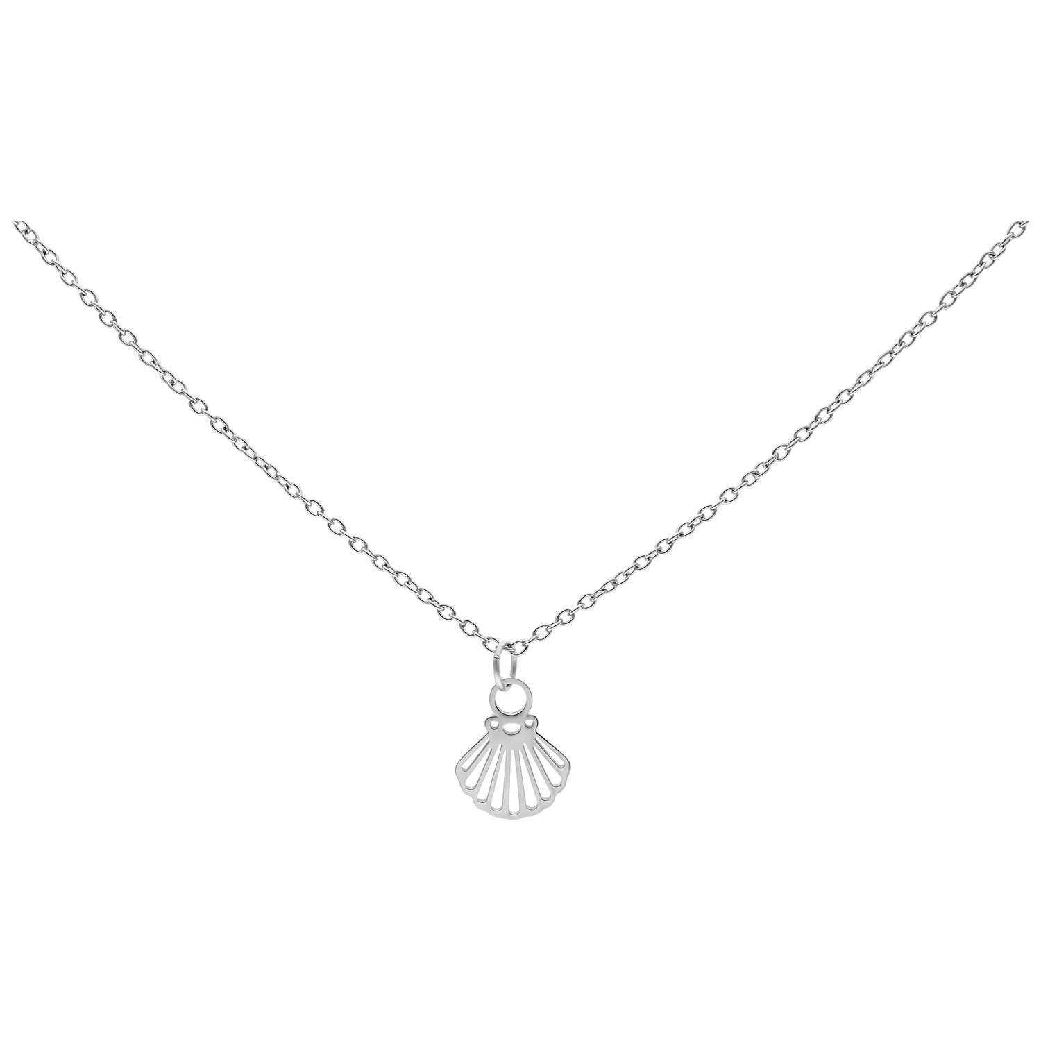 Silberne Kette mit Muschelanhänger, 50 cm Feine silberne Kette mit kleinem Muschelanhänger auf weißem Hintergrund