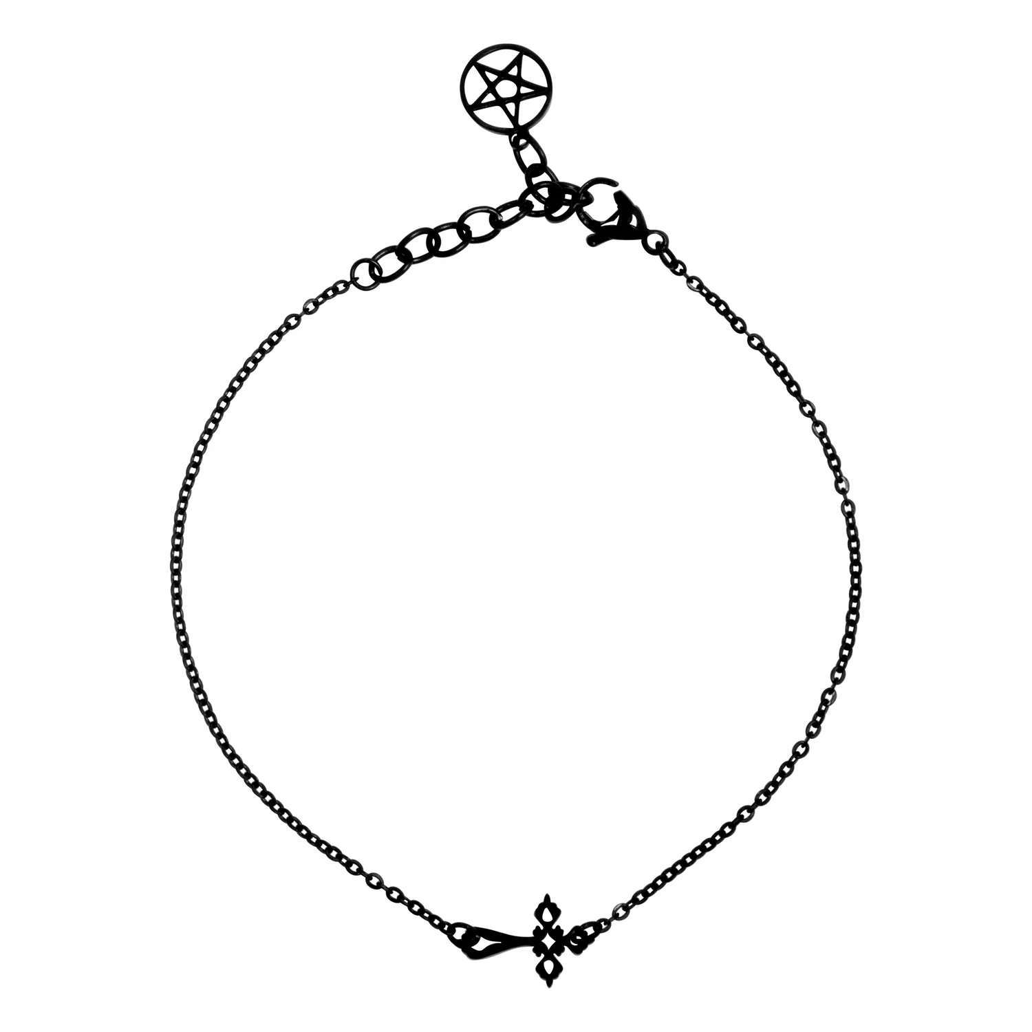 Schwarze Gothic Cross Fußkette, verstellbar Schwarze Fußkette mit Gothic-Kreuz, verstellbarer Verschluss, auf weißem Hintergrund