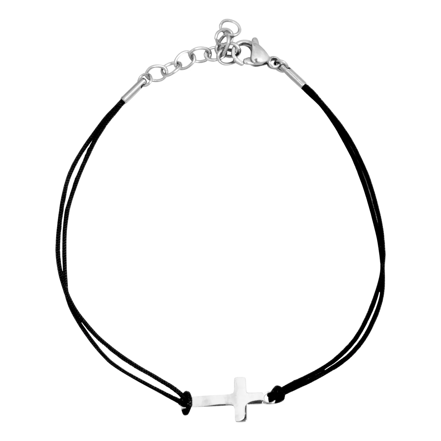 Elegantes Cross Leder Fußkettchen in Schwarz Schwarzes Fußkettchen mit silbernem Kreuzanhänger auf weißem Hintergrund