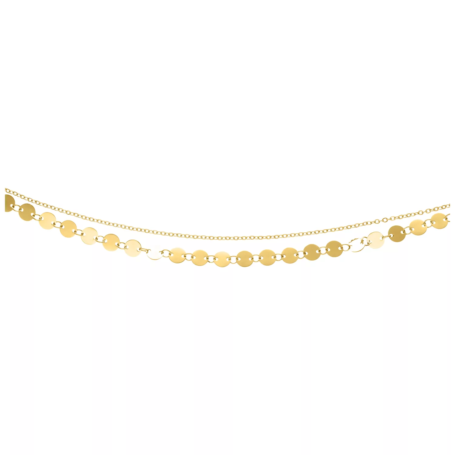 Goldene Multilayer Fußkette verstellbar Goldene, mehrlagige Fußkette mit verstellbarer Länge auf weißem Hintergrund