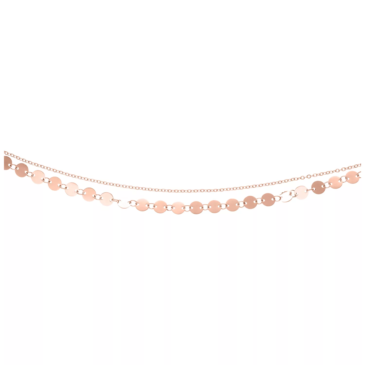 Roségoldene Multilayer Fußkette, verstellbar Roségoldene mehrlagige Fußkette aus Chirurgenstahl auf weißem Hintergrund