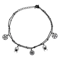 Schwarzes Spider Pentagram Fußkettchen verstellbar Schwarzes Fußkettchen mit Spinnen- und Pentagramm-Anhängern auf weißem Hintergrund