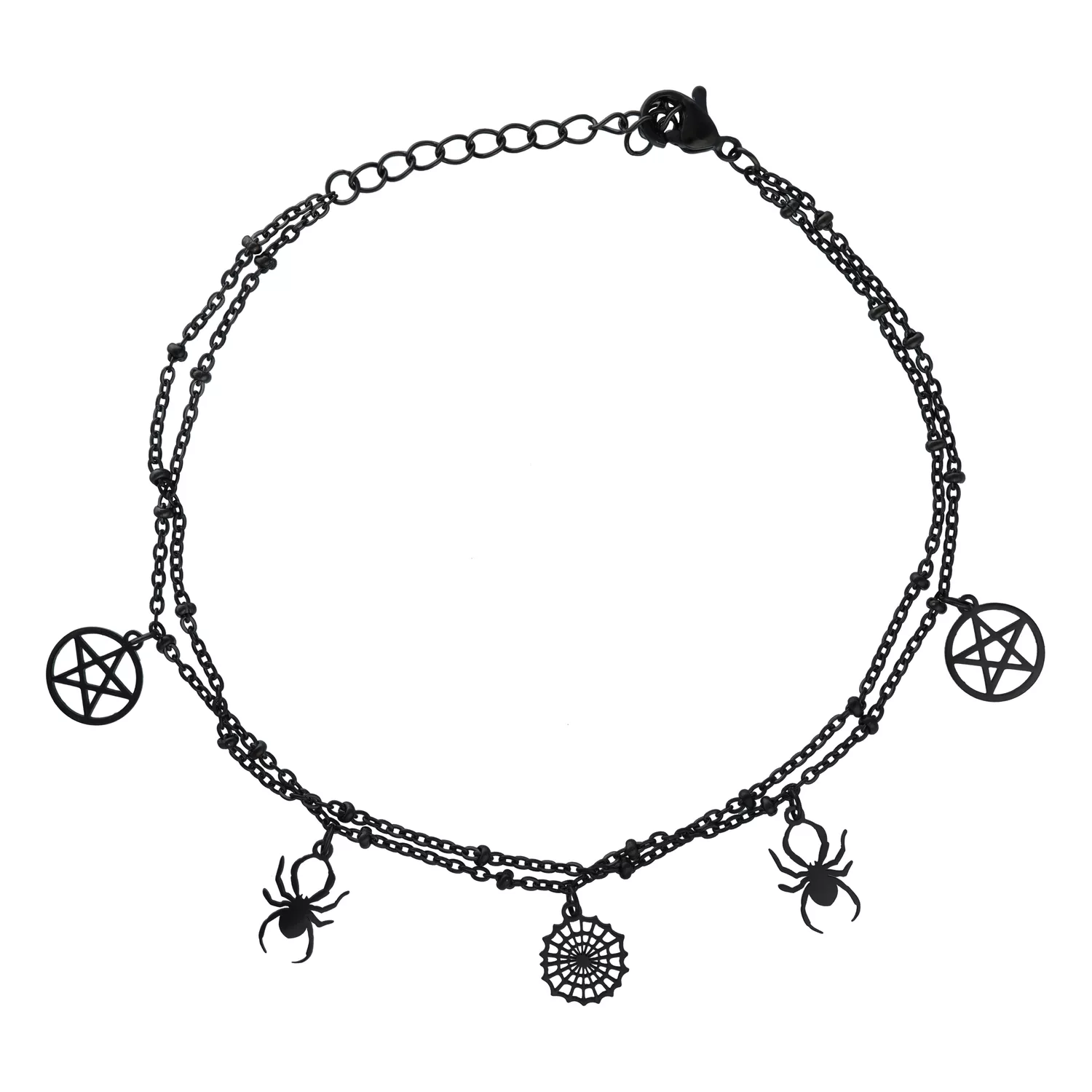 Schwarzes Spider Pentagram Fußkettchen verstellbar Schwarzes Fußkettchen mit Spinnen- und Pentagramm-Anhängern auf weißem Hintergrund
