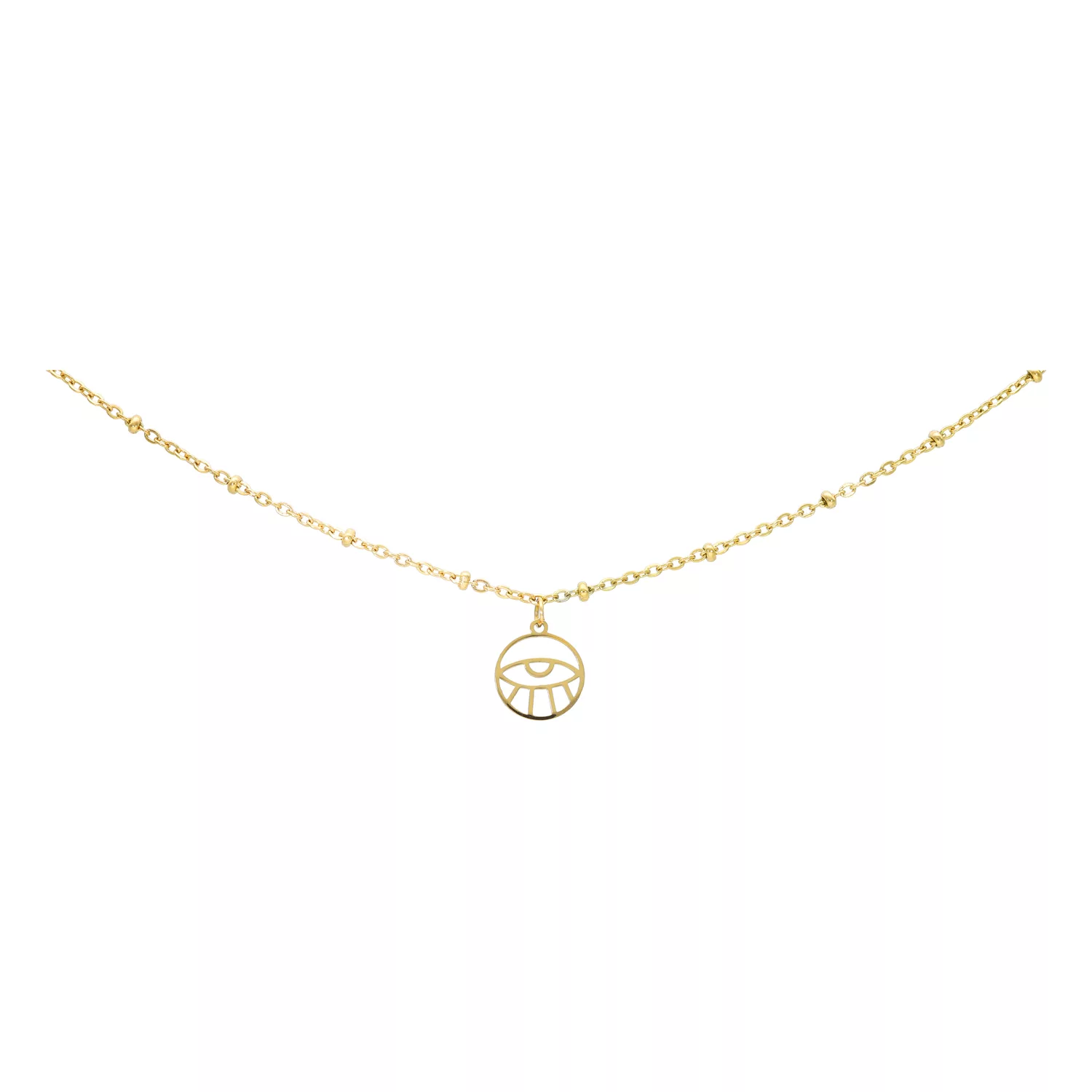 Goldene Fußkette mit Eye-Anhänger Filigrane goldene Fußkette mit Eye-Anhänger auf weißem Hintergrund