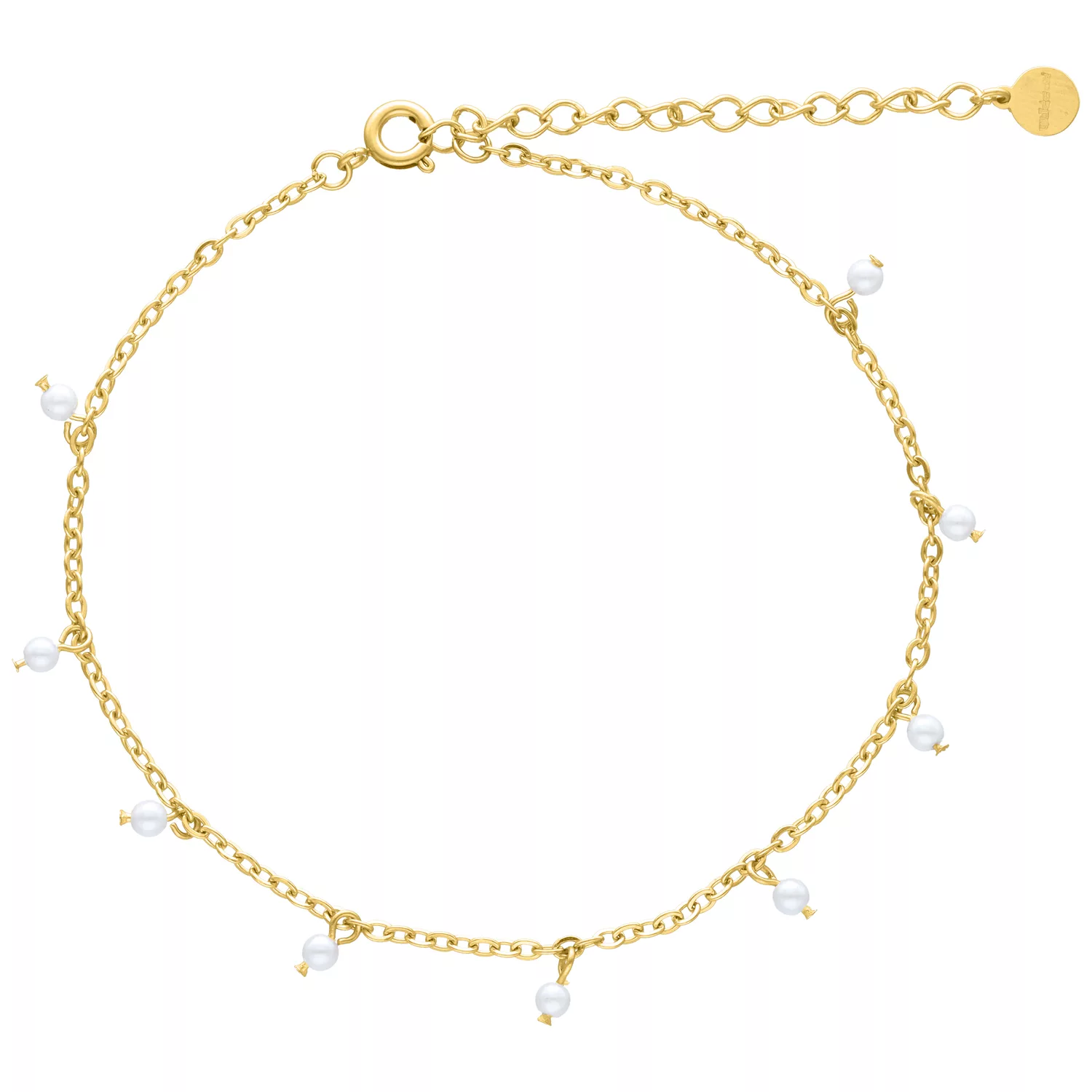 Little Pearl Fußkettchen Gold mit weißen Perlen Goldenes Fußkettchen aus Chirurgenstahl mit weißen Perlen auf weißem Hintergrund