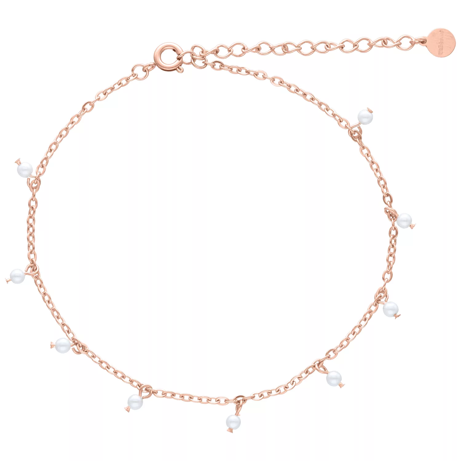 Roségold Fußkettchen mit weißen Perlen Roségoldenes Fußkettchen aus Chirurgenstahl mit weißen Perlen auf weißem Hintergrund