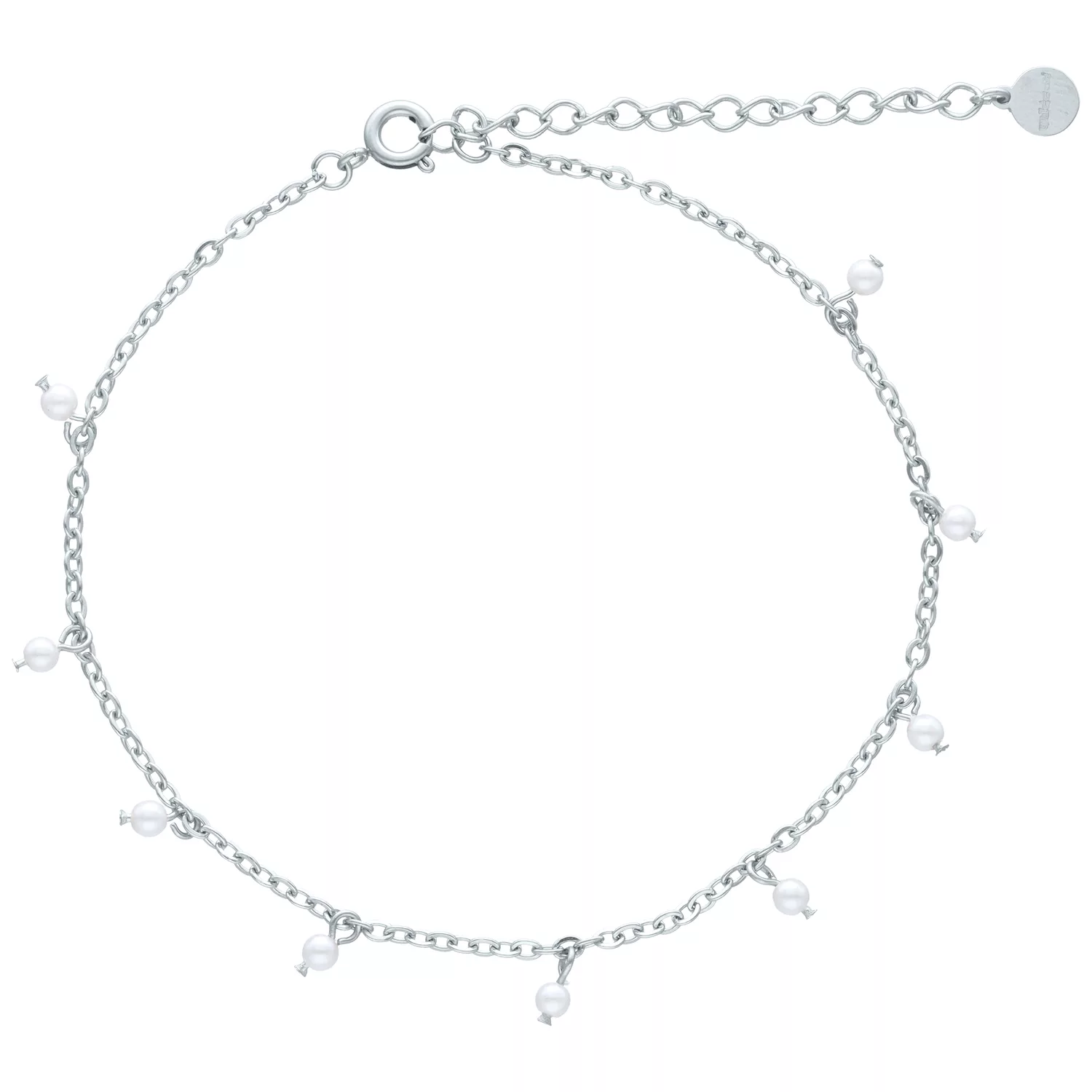 Elegantes Little Pearl Fußkettchen in Silber Silbernes Fußkettchen mit weißen Perlen auf weißem Hintergrund
