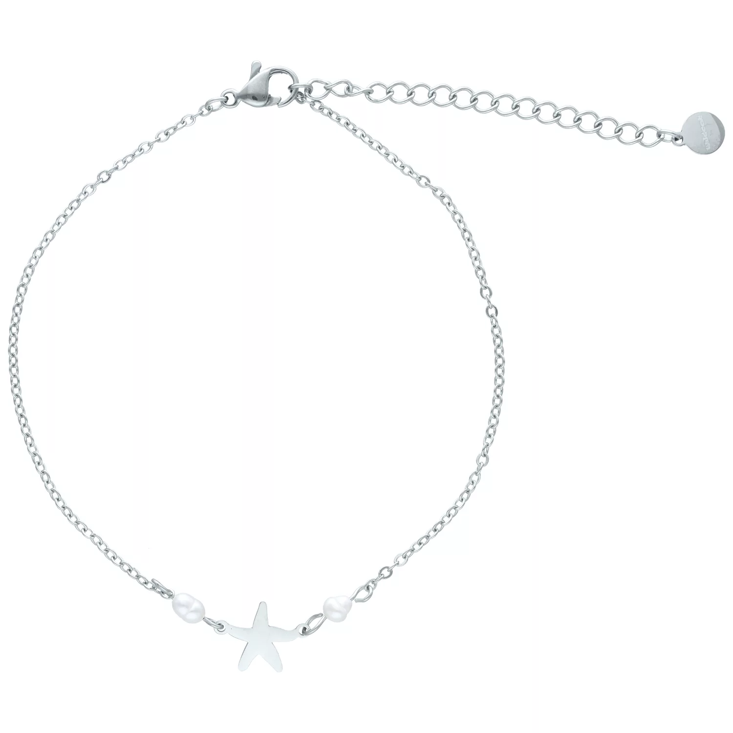 Silbernes Starfish Fußkettchen mit Seestern Silbernes Fußkettchen mit Seestern-Anhänger und Perlen auf weißem Hintergrund