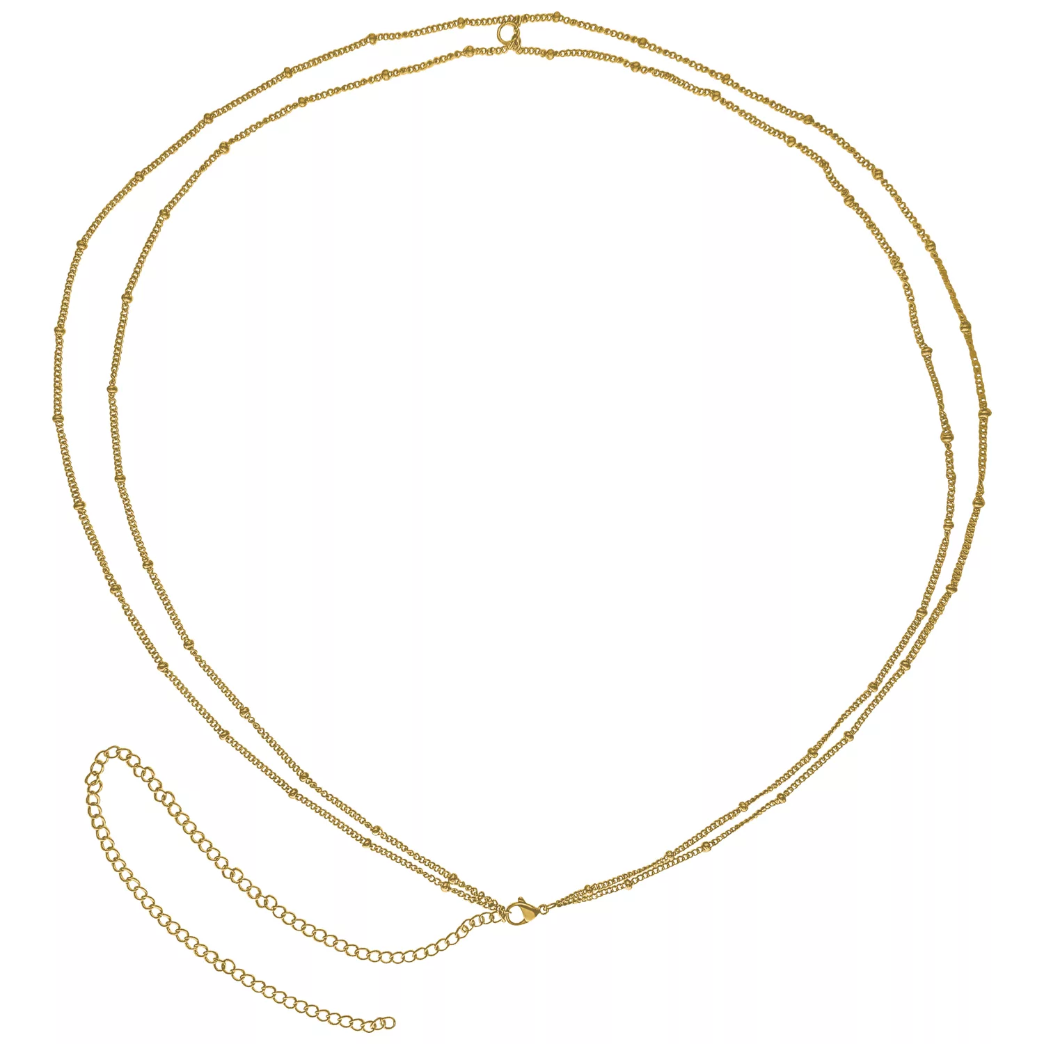 Goldene Bauch-Piercingkette aus Chirurgenstahl Goldene Piercingkette aus Chirurgenstahl 316L auf weißem Hintergrund