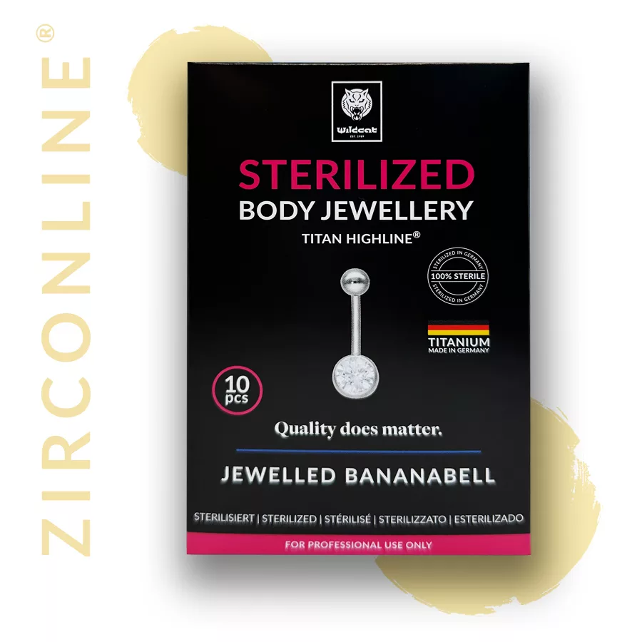 Sterilisierter Nabelbananabell mit Champagnerkristall Goldener Nabelbananabell aus Titan mit Champagnerkristall auf schwarzem Hintergrund