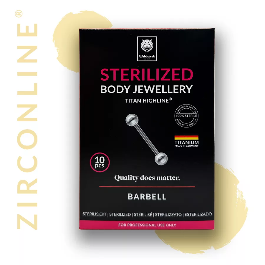 Steriler Titan Micro Barbell in Gold Goldener Micro Barbell aus Titan auf schwarzem Hintergrund, Verpackung sichtbar
