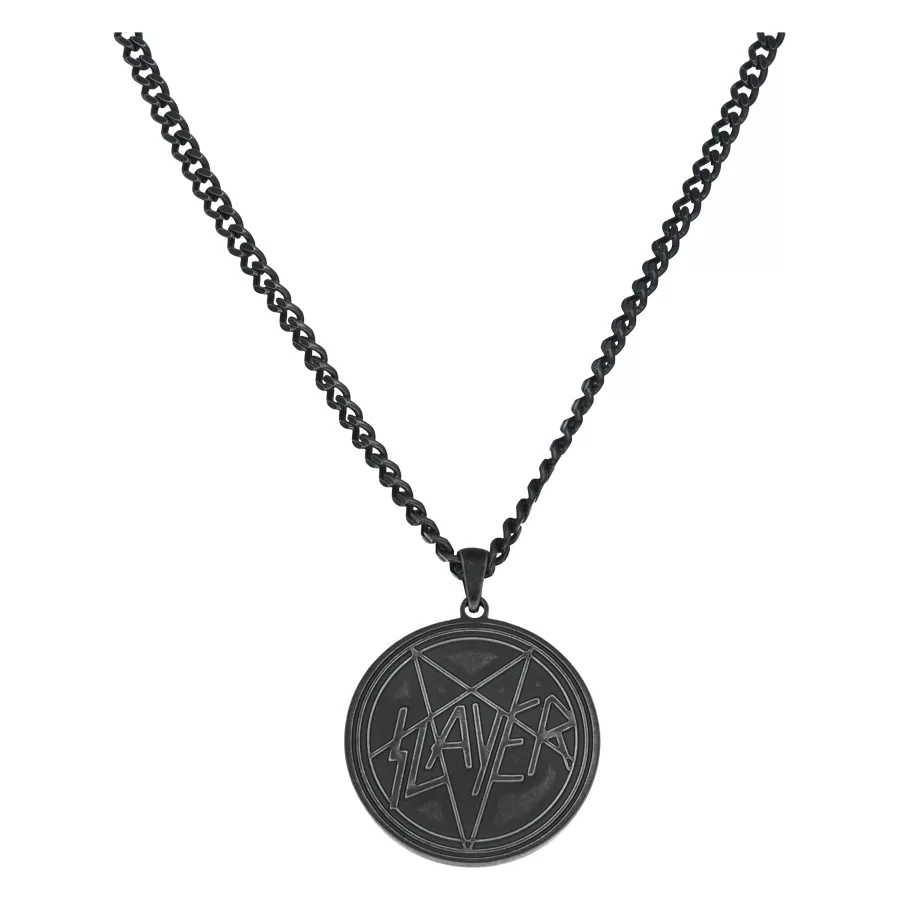 Schwarze Slayer Halskette mit Pentagramm Schwarze Halskette aus Chirurgenstahl mit Slayer Pentagramm-Anhänger auf weißem Hintergrund