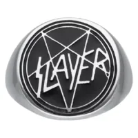 Slayer Emaille-Siegelring in Silber Silberner Siegelring mit Slayer-Logo auf schwarzem Hintergrund