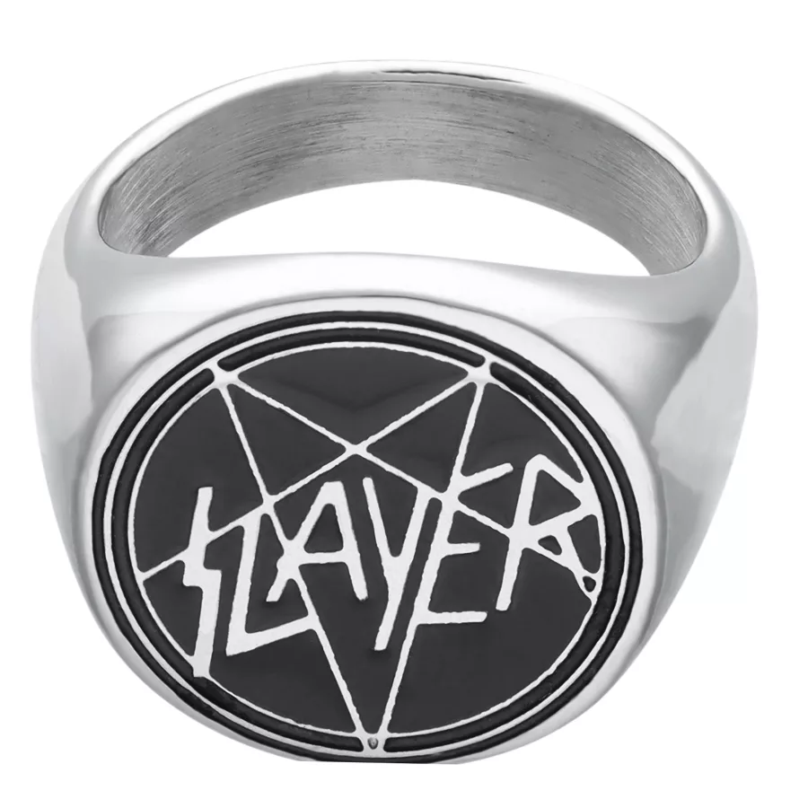 Slayer Emaille-Siegelring aus Silber Silberner Siegelring mit schwarzem Slayer-Logo auf weißem Hintergrund