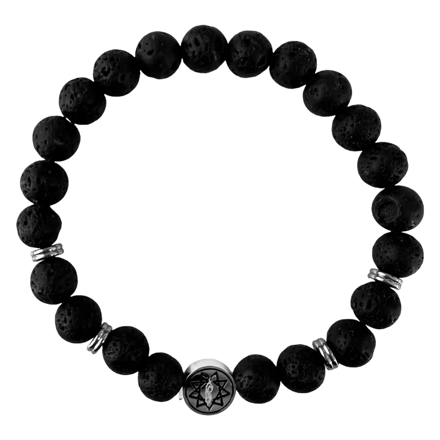 Lava Slipknot Nonagram Armband in Schwarz Schwarzes Lava-Armband mit Slipknot Nonagram und silbernen Details auf weißem Hintergrund