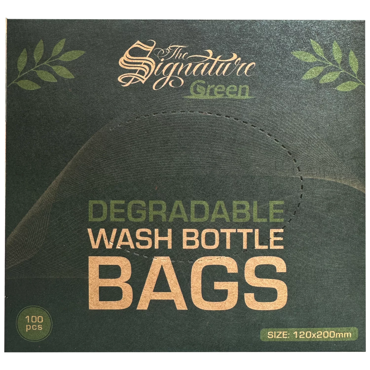 Biologisch abbaubare Flaschenbeutel 100er Pack Dunkelgrüne Verpackung der biologisch abbaubaren Flaschenbeutel mit goldener Schrift