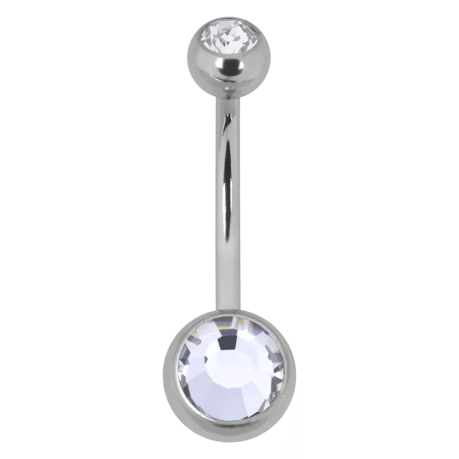 Silbernes Bauchnabelpiercing mit Kristallen Silbernes Bauchnabelpiercing mit zwei klaren Kristallen auf weißem Hintergrund